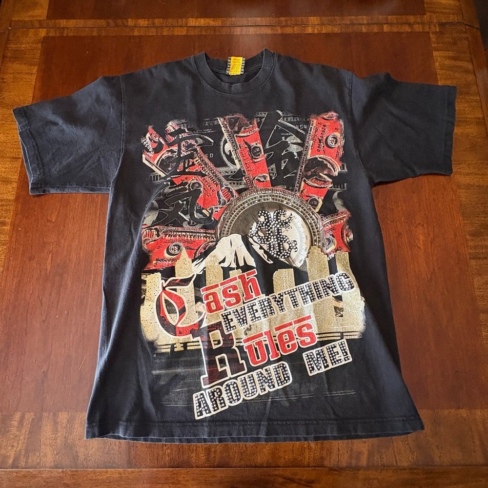 Lusso Wear Black Graphic Tee Men's L "Cash Everything Rules Around Me"‎ Y2K Made